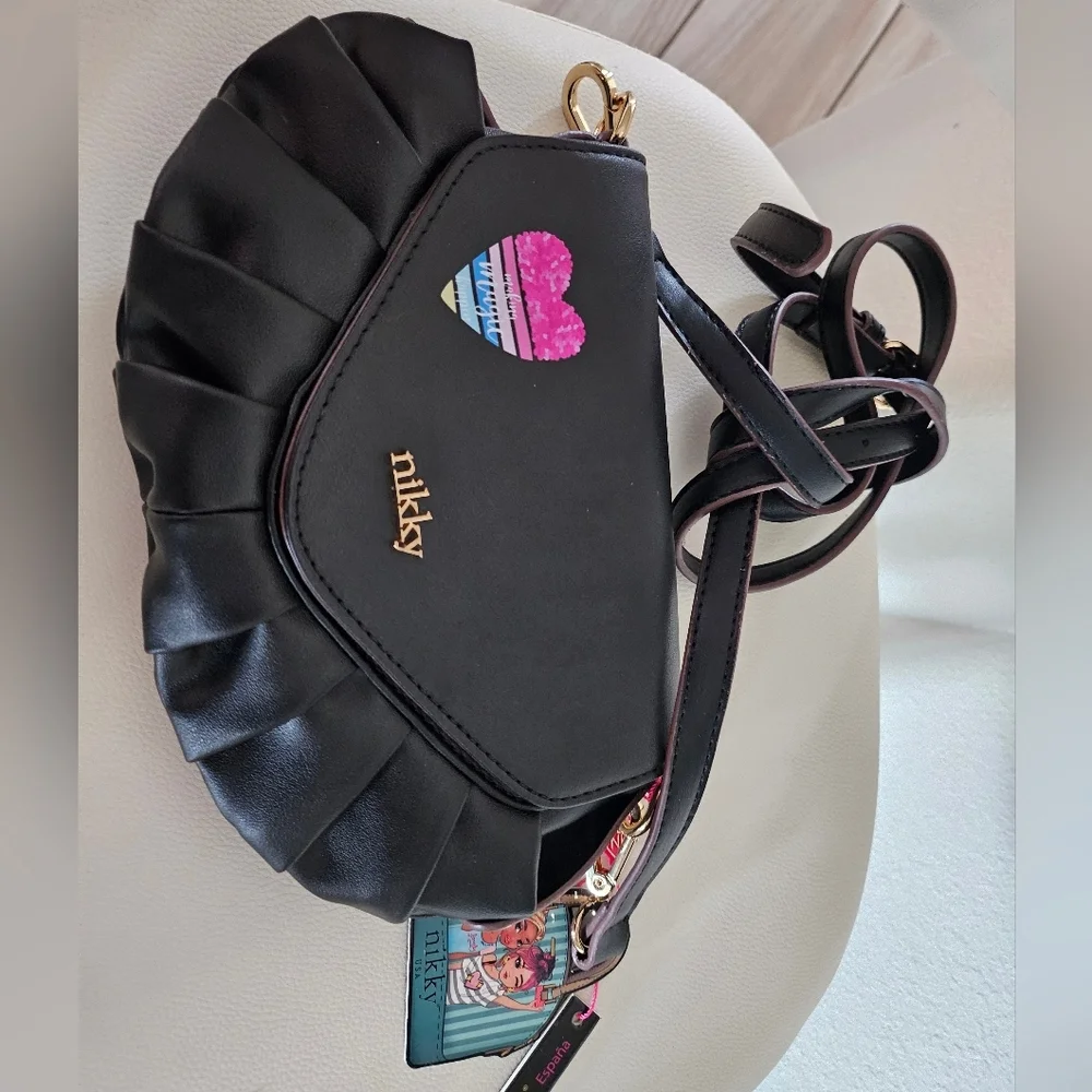 Nikky By Nicole Lee NK12336 Black Ruffle Crossbody Bag Vegan Leather NWT.